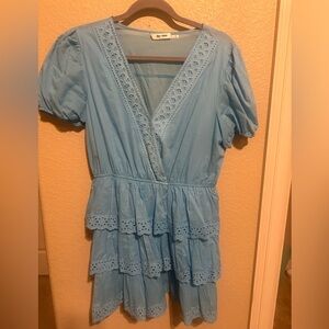 Blue Tiered Dress with Lace Detail